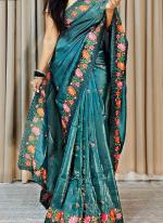 Pure Gold Crush Sea Blue Traditional Wear Embroidery Work Saree